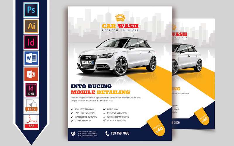 Download Фирменный стиль "Car Wash Flyer Vol-06 - Corporate Identity Template" / Car Wash Flyer Vol-06 - Corporate Identity Template - Фирменный стиль на тему графика flyer,psd,ai,indd,idml,word,powerpoint,car,wash,carwashing,bus,truck,brochure,washed,download,pdf,automobile
