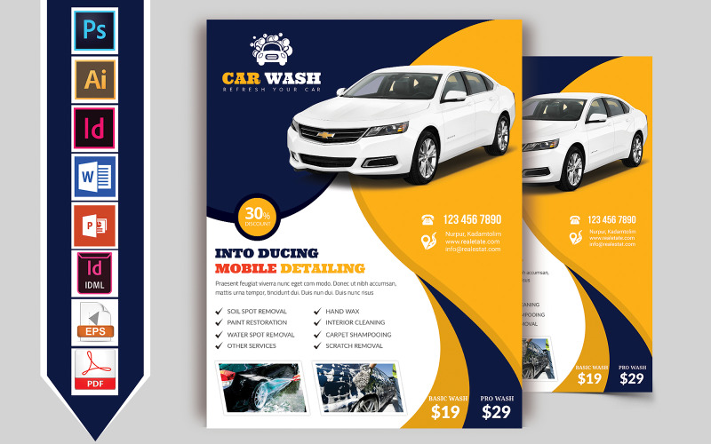Download Фирменный стиль "Car Wash Flyer Vol-07 - Corporate Identity Template" / Car Wash Flyer Vol-07 - Corporate Identity Template - Фирменный стиль на тему графика flyer,psd,ai,indd,idml,word,powerpoint,car,wash,carwashing,bus,truck,brochure,washed,download,pdf,automobile