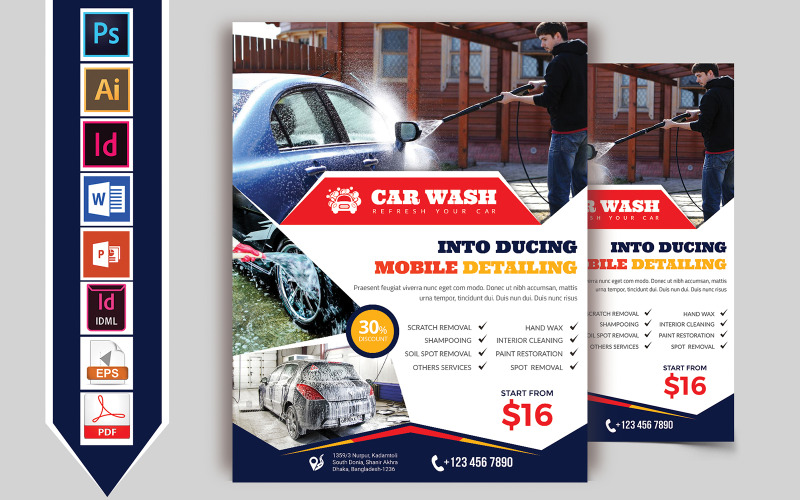 Download Фирменный стиль "Car Wash Flyer Vol-08 - Corporate Identity Template" / Car Wash Flyer Vol-08 - Corporate Identity Template - Фирменный стиль на тему графика flyer,psd,ai,indd,idml,word,powerpoint,car,wash,carwashing,bus,truck,brochure,washed,download,pdf,automobile