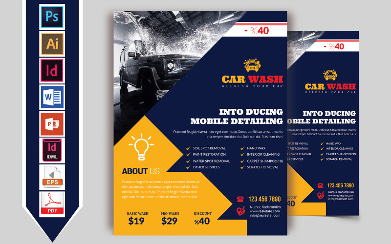 Download Фирменный стиль "Car Wash Flyer Vol-09 - Corporate Identity Template" / Car Wash Flyer Vol-09 - Corporate Identity Template - Фирменный стиль на тему графика flyer,psd,ai,indd,idml,word,powerpoint,car,wash,carwashing,bus,truck,brochure,washed,download,pdf,automobile