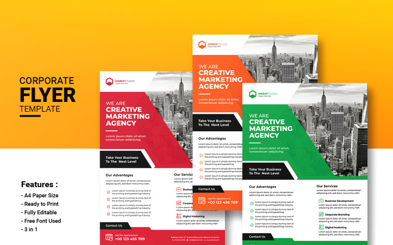 Download Фирменный стиль "Marketing agency flyer with abstract design - Corporate Identity Template" / Marketing agency flyer with abstract design - Corporate Identity Template - Фирменный стиль на тему графика ads,advert,advertisement,agency,flyer,business,poster,corporate,marketing,red,green,orange,bundle,abstract,template