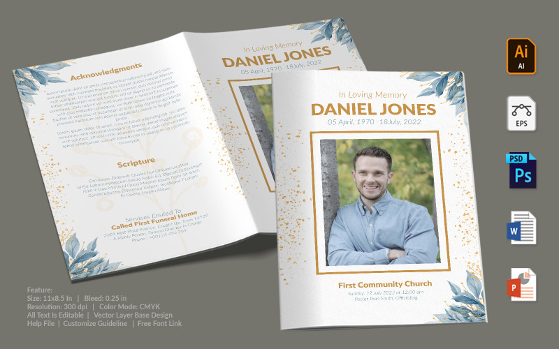 Download Фирменный стиль "Printable Funeral Program - Corporate Identity Template" / Printable Funeral Program - Corporate Identity Template - Фирменный стиль на тему графика printable,funeral,memorial,obituary,bituary,program,service,template,brochure,card,custom,photoshop,illuastator,vector,word,powerpoint,psd,ai,eps,docx