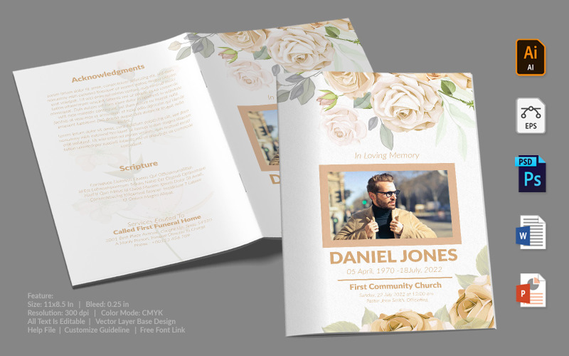 Download Фирменный стиль "Printable Funeral Program - Corporate Identity Template" / Printable Funeral Program - Corporate Identity Template - Фирменный стиль на тему графика printable,funeral,memorial,obituary,bituary,program,service,template,brochure,card,custom,photoshop,illuastator,vector,word,powerpoint,psd,ai,eps,docx