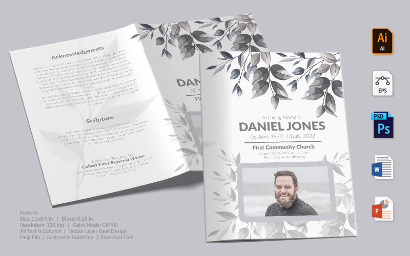 Download Фирменный стиль "Printable Funeral Program - Corporate Identity Template" / Printable Funeral Program - Corporate Identity Template - Фирменный стиль на тему графика printable,funeral,memorial,obituary,bituary,program,service,template,brochure,card,custom,photoshop,illuastator,vector,word,powerpoint,psd,ai,eps,docx