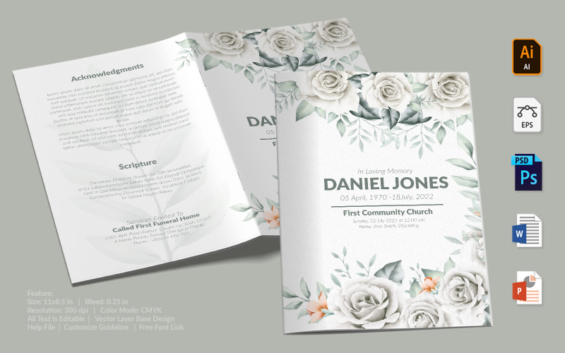 Download Фирменный стиль "Printable Funeral Program - Corporate Identity Template" / Printable Funeral Program - Corporate Identity Template - Фирменный стиль на тему графика printable,funeral,memorial,obituary,bituary,program,service,template,brochure,card,custom,photoshop,illuastator,vector,word,powerpoint,psd,ai,eps,docx