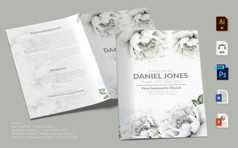 Download Фирменный стиль "Printable Funeral Program - Corporate Identity Template" / Printable Funeral Program - Corporate Identity Template - Фирменный стиль на тему графика printable,funeral,memorial,obituary,bituary,program,service,template,brochure,card,custom,photoshop,illuastator,vector,word,powerpoint,psd,ai,eps,docx