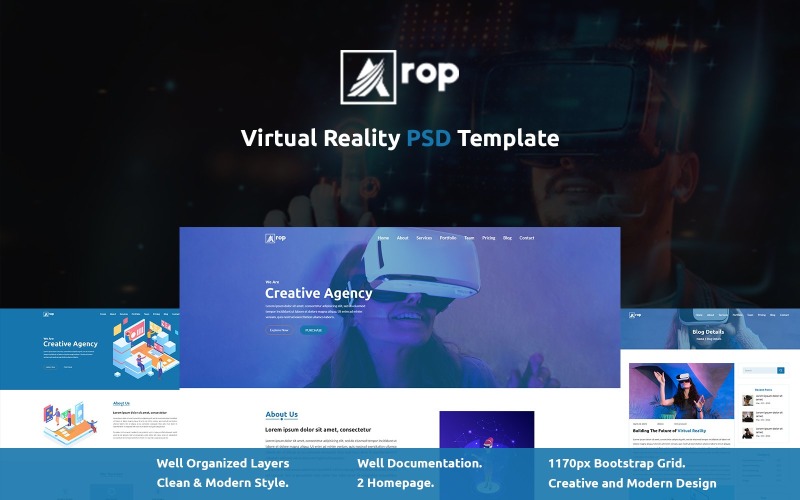 Download PSD шаблон "A-rop- Virtual Reality PSD Template" / A-rop- Virtual Reality PSD Template - PSD шаблон на тему образование и книги app,landing,page,augmented,reality,business,customizer,electronics,shop,software,store,technology,virtual,visual,vr,composer,woocommerce