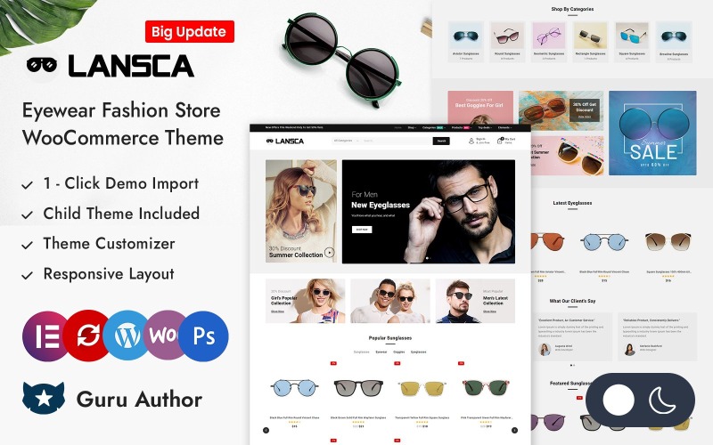 Lansca — адаптивная тема Elementor для магазина очков для WooCommerce