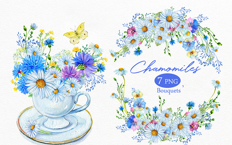 Download Иллюстрация "Camomiles Watercolor Bouquet - Illustration" / Camomiles Watercolor Bouquet - Illustration - Иллюстрация на тему графика watercolor,flower,daisies,hand,painting,bouquet,wildflowers,clipart,flora,daysy,wreath,composition,background