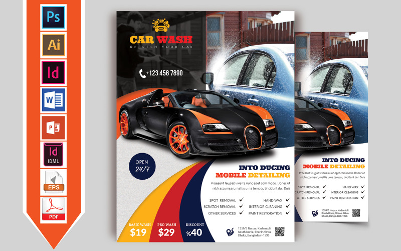 Download Фирменный стиль "Car Wash Flyer Vol-03 - Corporate Identity Template" / Car Wash Flyer Vol-03 - Corporate Identity Template - Фирменный стиль на тему графика flyer,psd,ai,indd,idml,word,powerpoint,car,wash,carwashing,bus,truck,brochure,washed,download,pdf,automobile