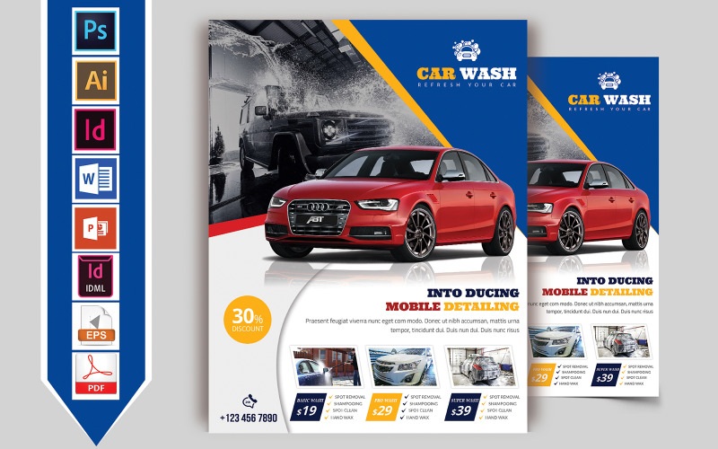Download Фирменный стиль "Car Wash Flyer Vol-04 - Corporate Identity Template" / Car Wash Flyer Vol-04 - Corporate Identity Template - Фирменный стиль на тему графика flyer,psd,ai,indd,idml,word,powerpoint,car,wash,carwashing,bus,truck,brochure,washed,download,pdf,automobile