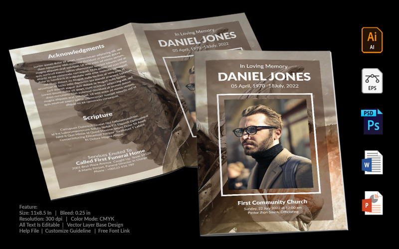 Download Фирменный стиль "Printable Funeral Program - Corporate Identity Template" / Printable Funeral Program - Corporate Identity Template - Фирменный стиль на тему графика printable,funeral,memorial,obituary,bituary,program,service,template,brochure,card,custom,photoshop,illuastator,vector,word,powerpoint,psd,ai,eps,docx