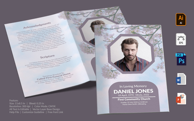 Download Фирменный стиль "Printable Funeral Program - Corporate Identity Template" / Printable Funeral Program - Corporate Identity Template - Фирменный стиль на тему графика printable,funeral,memorial,obituary,bituary,program,service,template,brochure,card,custom,photoshop,illuastator,vector,word,powerpoint,psd,ai,eps,docx