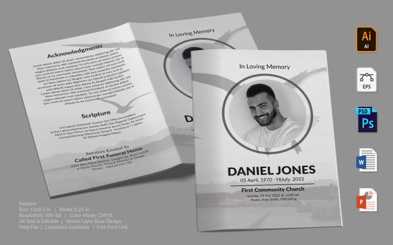Download Фирменный стиль "Printable Funeral Program - Corporate Identity Template" / Printable Funeral Program - Corporate Identity Template - Фирменный стиль на тему графика printable,funeral,memorial,obituary,bituary,program,service,template,brochure,card,custom,photoshop,illuastator,vector,word,powerpoint,psd,ai,eps,docx