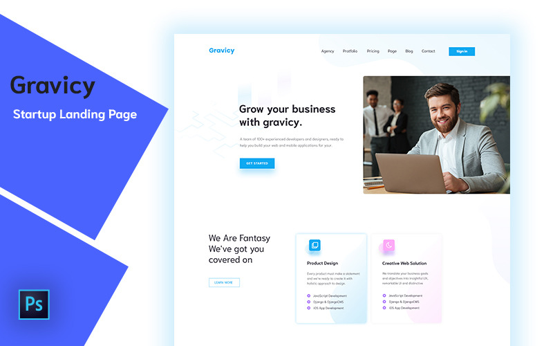 Download PSD шаблон "Gravicy - Startup Landing Page PSD Template" / Gravicy - Startup Landing Page PSD Template - PSD шаблон на тему графика agency,app,business,click,through,corporate,lead,generation,marketing,campaign,multipurpose,landing,page,one,product,launch,sass,software,startr,startup