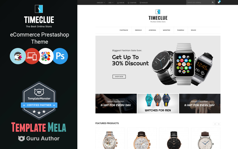 Timeclue - Тема годинника та ювелірного магазину PrestaShop