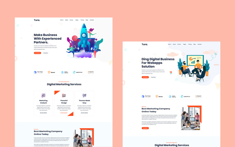 Download PSD шаблон "Tura- Corporate Business PSD Template" / Tura- Corporate Business PSD Template - PSD шаблон на тему аукцион digital,marketing,online,page,rank,search,engine,optimization,seo,agency,business,company,services