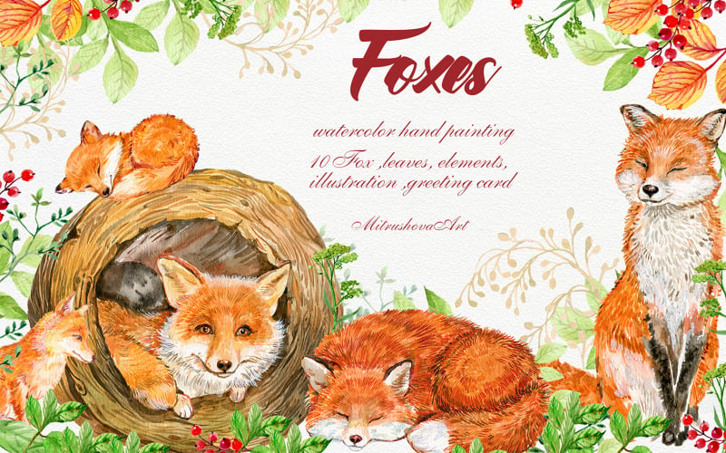 Fox Animals Clipart .Watercolor Painting - Illustration