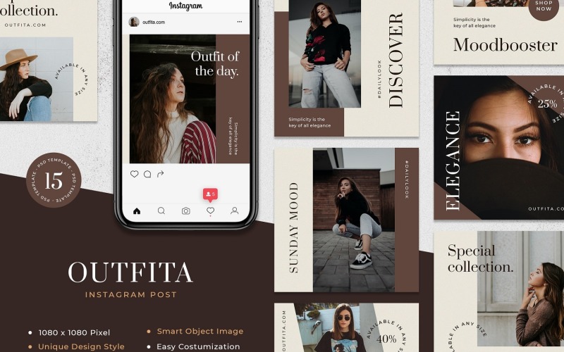 Download Шаблон для соцсетей "Outfita - Fashion Instagram Post Template for Social Media" / Outfita - Fashion Instagram Post Template for Social Media - Шаблон для соцсетей на тему графика creative,instagram,post,feed,fashion,feminime,stylish,lifestyle,layout,unique,minimal,whitespace,modern,clean,elegant