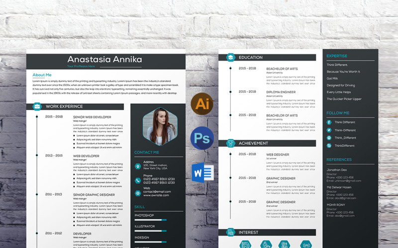 Download Резюме "Clean Resume Template" / Clean Resume Template - Резюме на тему графика resume,design,cv,page,a4,clean,elegant,female,feminine,infographic,minimalist,modern,portfolio,professional,indesign,minimal,word,template