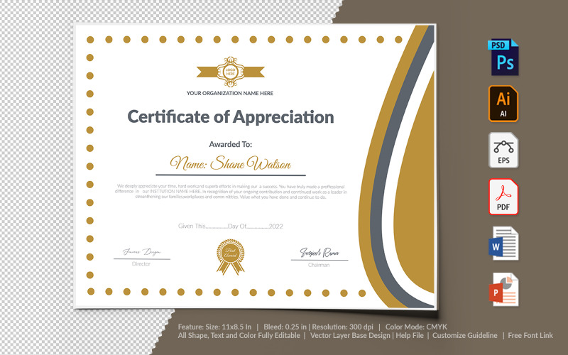 Download Шаблон сертификата "Cline Printable of Appreciation Certificate Template" / Cline Printable of Appreciation Certificate Template - Шаблон сертификата на тему графика certificate,appreciation,recognition,completion,achivement,school,collage,diploma,graduation,reward,design,template,printable,editable,custom,pdf,word,psd,eps,powerpoint