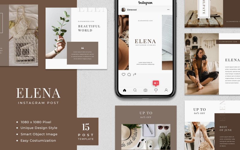Download Шаблон для соцсетей "Elena - Fashion Instagram Post Template for Social Media" / Elena - Fashion Instagram Post Template for Social Media - Шаблон для соцсетей на тему графика creative,instagram,post,feed,fashion,feminime,stylish,lifestyle,layout,unique,minimal,whitespace,modern,clean,elegant