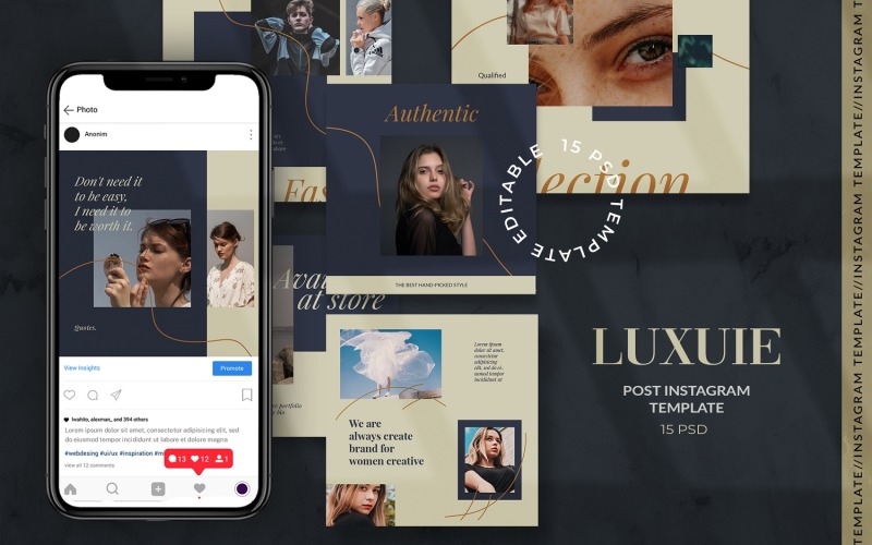Download Шаблон для соцсетей "Luxuie - Fashion Instagram Post Template for Social Media" / Luxuie - Fashion Instagram Post Template for Social Media - Шаблон для соцсетей на тему графика creative,instagram,post,feed,fashion,feminime,stylish,lifestyle,layout,unique,minimal,whitespace,modern,clean,elegant
