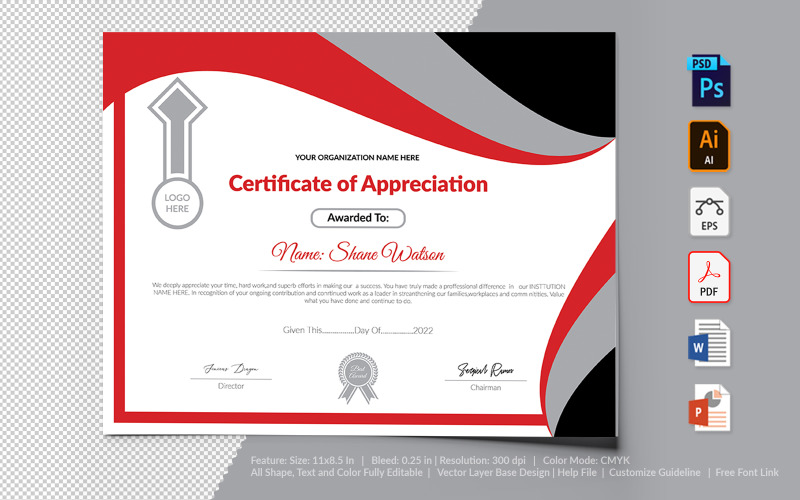 Download Шаблон сертификата "Printable of Appreciation Certificate Template" / Printable of Appreciation Certificate Template - Шаблон сертификата на тему графика certificate,appreciation,recognition,completion,achivement,school,collage,diploma,graduation,reward,design,template,printable,editable,custom,pdf,word,psd,eps,powerpoint