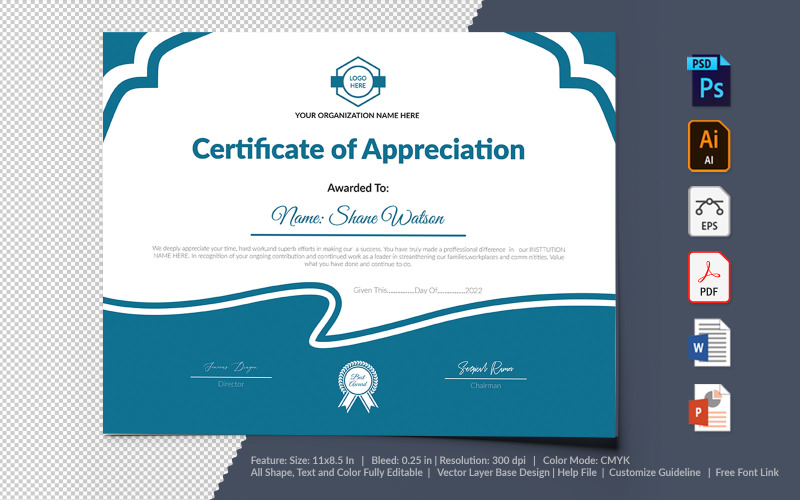 Download Шаблон сертификата "Printable of Appreciation Certificate Template" / Printable of Appreciation Certificate Template - Шаблон сертификата на тему графика certificate,appreciation,recognition,completion,achivement,school,collage,diploma,graduation,reward,design,template,printable,editable,custom,pdf,word,psd,eps,powerpoint