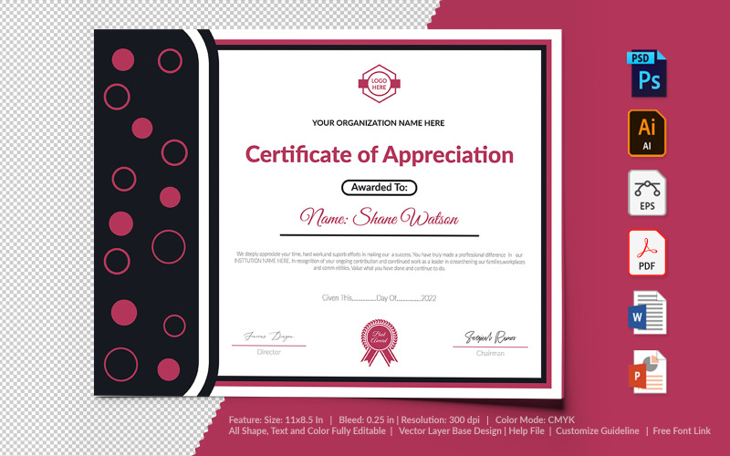 Download Шаблон сертификата "Printable of Appreciation Certificate Template" / Printable of Appreciation Certificate Template - Шаблон сертификата на тему графика certificate,appreciation,recognition,completion,achivement,school,collage,diploma,graduation,reward,design,template,printable,editable,custom,pdf,word,psd,eps,powerpoint