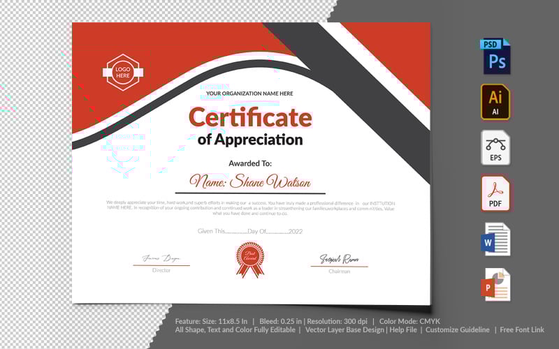 Download Шаблон сертификата "Printable of Appreciation Certificate Template" / Printable of Appreciation Certificate Template - Шаблон сертификата на тему графика certificate,appreciation,recognition,completion,achivement,school,collage,diploma,graduation,reward,design,template,printable,editable,custom,pdf,word,psd,eps,powerpoint