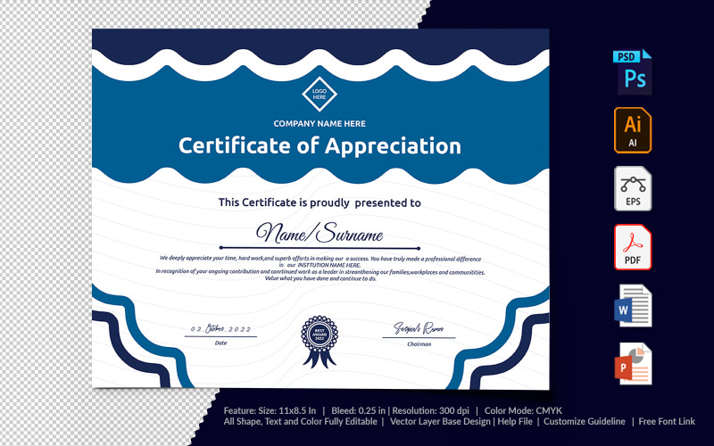 Download Шаблон сертификата "Printable of Appreciation Certificate Template" / Printable of Appreciation Certificate Template - Шаблон сертификата на тему графика certificate,appreciation,recognition,completion,achivement,school,collage,diploma,graduation,reward,design,template,printable,editable,custom,pdf,word,psd,eps,powerpoint