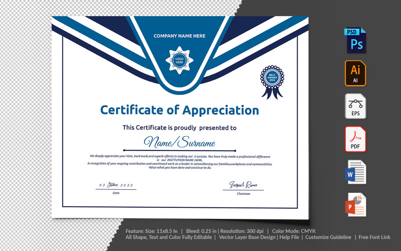 Download Шаблон сертификата "Printable of Appreciation Certificate Template" / Printable of Appreciation Certificate Template - Шаблон сертификата на тему графика certificate,appreciation,recognition,completion,achivement,school,collage,diploma,graduation,reward,design,template,printable,editable,custom,pdf,word,psd,eps,powerpoint