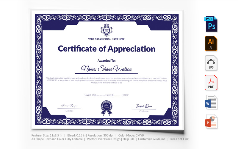 Download Шаблон сертификата "Printable of Appreciation Certificate Template" / Printable of Appreciation Certificate Template - Шаблон сертификата на тему графика certificate,appreciation,recognition,completion,achivement,school,collage,diploma,graduation,reward,design,template,printable,editable,custom,pdf,word,psd,eps,powerpoint