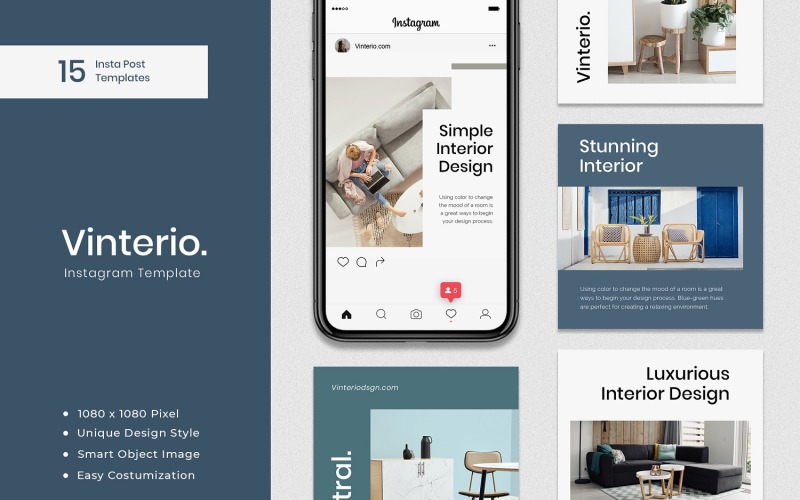 Download Шаблон для соцсетей "Vinterio - Interior Instagram Post Template for Social Media" / Vinterio - Interior Instagram Post Template for Social Media - Шаблон для соцсетей на тему графика creative,instagram,post,feed,fashion,interior,stylish,exterior,layout,unique,minimal,whitespace,modern,clean,elegant