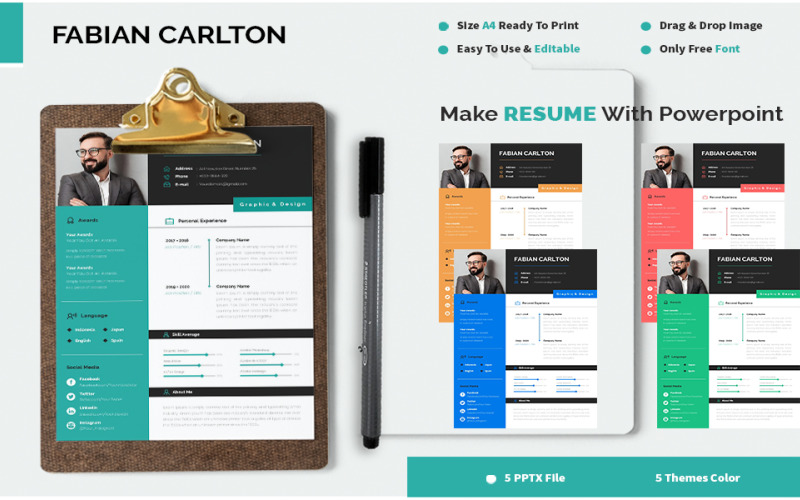 Download Резюме "Fabian Calrton Resume Template" / Fabian Calrton Resume Template - Резюме на тему графика resume,clean,minimalist,cv,business,powerpoint,template,modern,education,simple,elegant,popular,pitchdeck,enterpreneur,a4,color,project,pptx