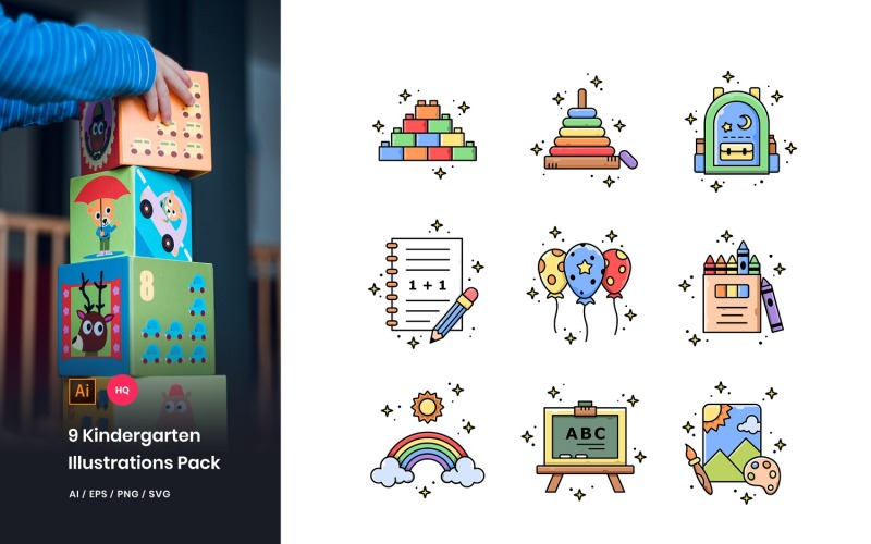 Download Иллюстрация "9 Kindergarten Pack - Illustration" / 9 Kindergarten Pack - Illustration - Иллюстрация на тему графика icons,vector,illustrations,graphics,kindergarten,education,childhood,school,preschool,kids,classroom,playground,children,fun,baby
