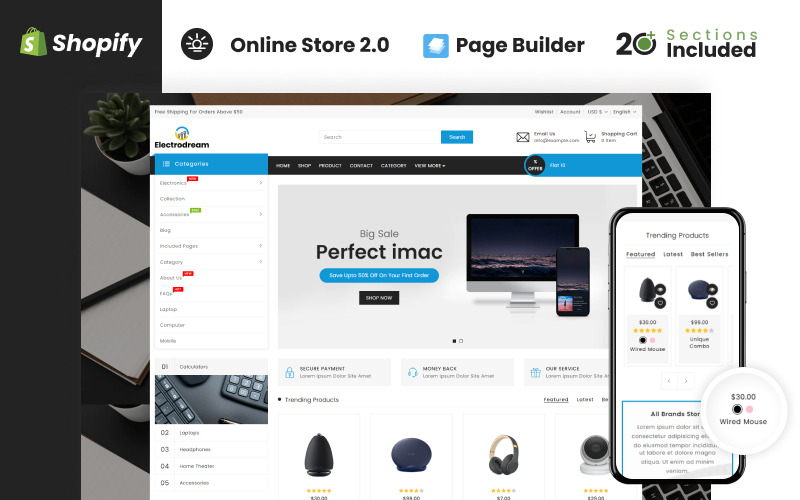 Магазин электроники Electrodream Shopify Тема