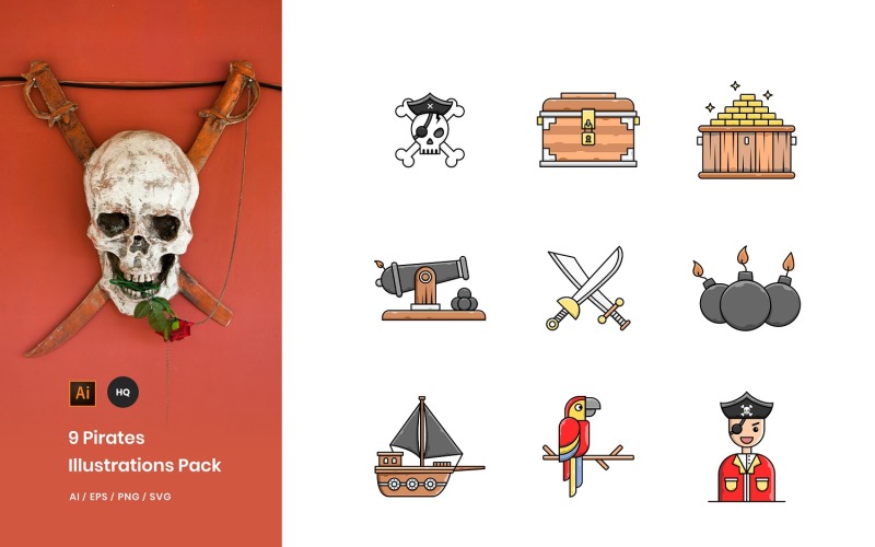 Download Иллюстрация "9 Pirates Pack - Illustration" / 9 Pirates Pack - Illustration - Иллюстрация на тему графика icons,vector,illustrations,graphics,pirates,sea,ship,skull,bomb,sail,treasure,map,sailor,ocean,boat