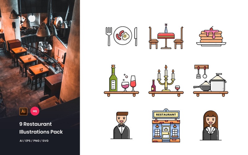 Download Иллюстрация "9 Restaurant Pack - Illustration" / 9 Restaurant Pack - Illustration - Иллюстрация на тему графика icons,vector,illustrations,graphics,restaurant,cafe,food,dinner,cooking,meal,lunch,chef,dish,business,culinary