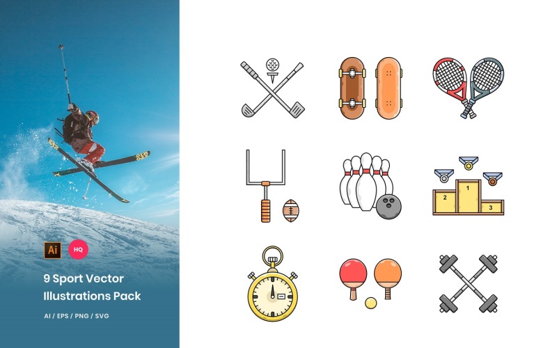 Download Иллюстрация "9 Sport Pack - Illustration" / 9 Sport Pack - Illustration - Иллюстрация на тему графика icons,vector,illustrations,graphics,sport,hockey,skateboard,badmintoon,americanfootball,football,bowling,stopwatch,pingpong,barbel,medal