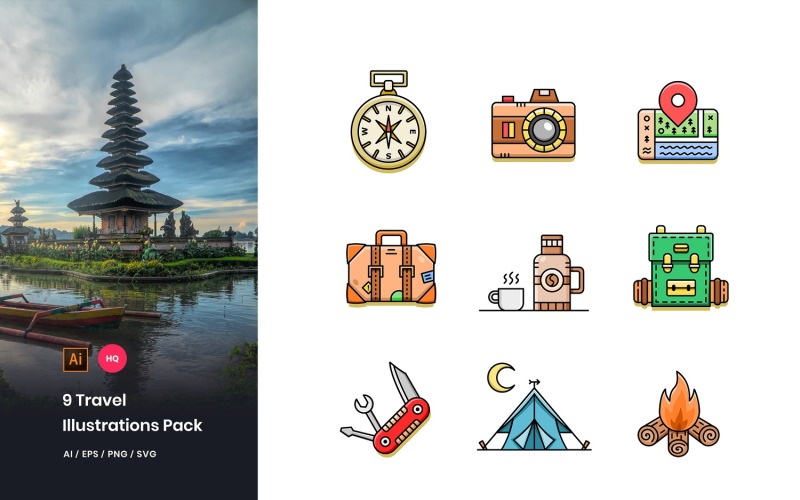 Download Иллюстрация "9 Travel Pack - Illustration" / 9 Travel Pack - Illustration - Иллюстрация на тему графика illustration,vector,icon,graphic,travel,holiday,summer,tourist,tourism,journey,trip,vacation,traveler,transport,adventure