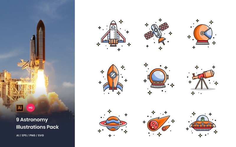 Download Иллюстрация "9 Astronomy Pack - Illustration" / 9 Astronomy Pack - Illustration - Иллюстрация на тему графика illustration,vector,graphic,space,astronomy,galaxy,planet,telescope,saturn,astronaut,comet,rocket,alien,satellite,helm