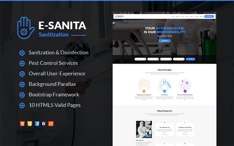 e-Sanita - Modello di sito Web HTML per la disinfestazione e la disinfestazione