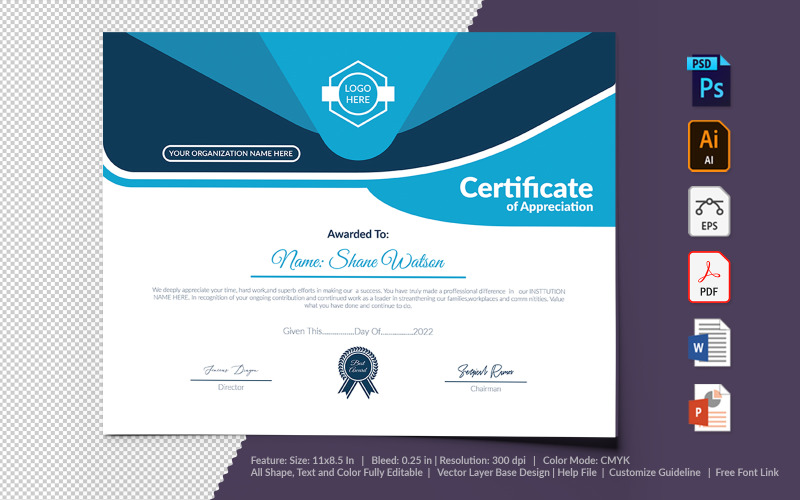 Download Шаблон сертификата "Modern Certificate Template" / Modern Certificate Template - Шаблон сертификата на тему графика certificate,appreciation,recognition,completion,achivement,school,collage,diploma,graduation,reward,design,template,printable,editable,custom,pdf,word,psd,eps,powerpoint