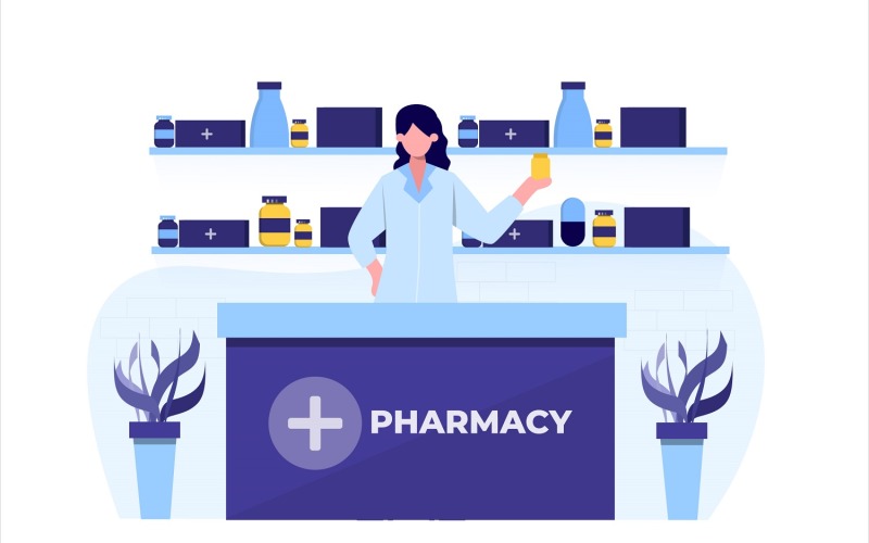 Download Vector "Pharmacy Drugstore Flat Illustration - Vector Image" / Pharmacy Drugstore Flat Illustration - Vector Image - Vector на тему графика illustration,vector,flat,graphic,design,pharmacy,medicine,pharmacist,laboratory,medical,research,drug,doctor,hospital,clinic