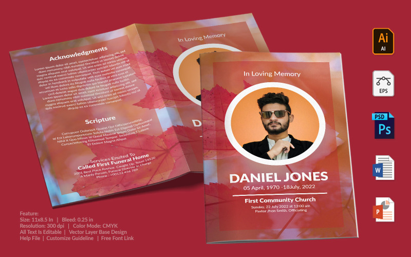 Download Фирменный стиль "Printable Funeral Program - Corporate Identity Template" / Printable Funeral Program - Corporate Identity Template - Фирменный стиль на тему графика printable,funeral,memorial,obituary,bituary,program,service,template,brochure,card,custom,photoshop,illuastator,vector,word,powerpoint,psd,ai,eps,docx