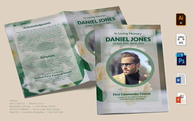 Download Фирменный стиль "Printable Funeral Program - Corporate Identity Template" / Printable Funeral Program - Corporate Identity Template - Фирменный стиль на тему графика printable,funeral,memorial,obituary,bituary,program,service,template,brochure,card,custom,photoshop,illuastator,vector,word,powerpoint,psd,ai,eps,docx