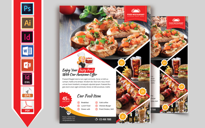 Download Фирменный стиль "Restaurant Flyer Vol-08 - Corporate Identity Template" / Restaurant Flyer Vol-08 - Corporate Identity Template - Фирменный стиль на тему графика hotel,restaurant,coffee-shop,pizza,hotel-flyer,restaurant-flyer,coffee-shop-flyer,burger,food,food-flyer,food-restaurant,cold-coffee,cheese-burger,hot-dog,business,tea