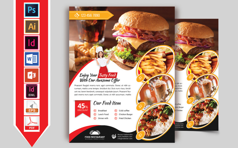 Download Фирменный стиль "Restaurant Flyer Vol-09 - Corporate Identity Template" / Restaurant Flyer Vol-09 - Corporate Identity Template - Фирменный стиль на тему графика hotel,restaurant,coffee-shop,pizza,hotel-flyer,restaurant-flyer,coffee-shop-flyer,burger,food,food-flyer,food-restaurant,cold-coffee,cheese-burger,hot-dog,business,tea